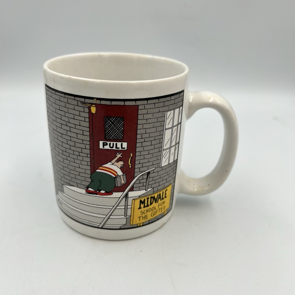 1986 Far Side Midvale School for the Gifted Ceramic Coffee Mug Pull Pull Door
